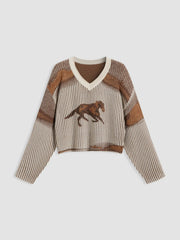 Knitted V-neck Horse Stripe Long Sleeve Sweater