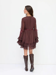 Chiffon V-neck Lettuce Trim Bowknot Ruffle Mini Dress