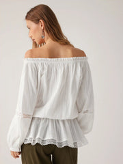 Cotton-blend Off-shoulder Lace Drawstring Puff Sleeve Oversized Blouse