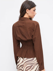 Collar Long Sleeve Shirred Ruffled Hem Blouse