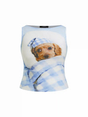 Cotton-blend Dog Graphic Checks Tank Top Curve & Plus