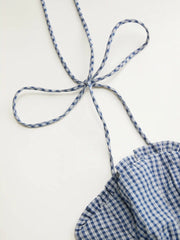 Cotton-blend Gingham Ruched Bowknot Strappy A-line Maxi Dress