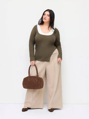 Two Tone Cotton-blend U-neckline Split Hem Long Sleeve Top Curve & Plus