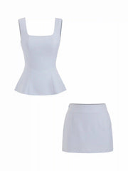 Linen-blend Square Neck Peplum Top & Mid Rise Mini Skirt Set