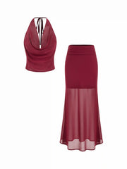 Cowl Neck Crop Top & Low Rise Semi-transparent Maxi Skirt Set