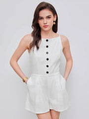 Linen Cotton Boat Neckline Solid Button Romper