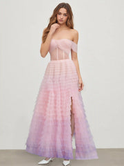 Off-shoulder Ombre Corset Tulle Tiered Gown Maxi Dress