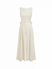 Linen-blend Boat Neck Backless Pleated Oversized Wide Leg Jumpsuit