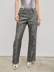 Faux Leather Mid Waist Zipper Straight Leg Trousers