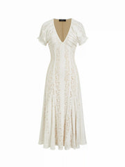 Lace V-neck Ruffle Sleeve Ruched Flared Maxi Dress