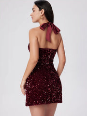 Sequin V-neck Halter Mini Dress