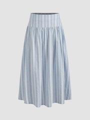 Cotton-blend V-neck Striped Tie Front Crop Vest & Mid Rise Striped Ruffle Midi Skirt
