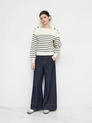 Knit Boat Neck Striped Button Long Sleeve Top