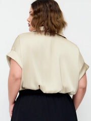 Satin Collar Short Sleeve Metal Detail Blouse Bodysuit Curve & Plus