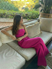 Solid Shirred Tube Top & High Waist Pants Set