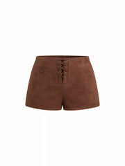 Suede Low Rise Lace Up Knotted Micro Shorts