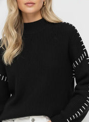 Knit Round Neck Solid Stitch Long Sleeve Sweater