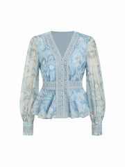 Floral V-neck Lantern Sleeve Lace Panel Peplum Hem Blouse
