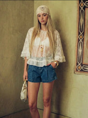 Lace Ruffled Round Neck Middle Sleeve Blouse