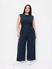 Cotton-blend Round Neck Twist Top & Mid Rise Wide Leg Trousers Set Curve & Plus