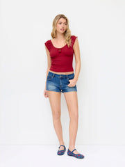 Cotton-blend Ruffled Short Sleeve Cherry Applique Tee