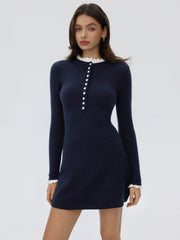 Knit Round Neck Lace Trim Button Front A-line Mini Dress
