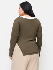 Two Tone Cotton-blend U-neckline Split Hem Long Sleeve Top Curve & Plus