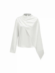 Satin High Neck Draped Long Sleeve Blouse With Scarf