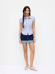 Cotton Striped Puff Sleeve Ruched Blouse