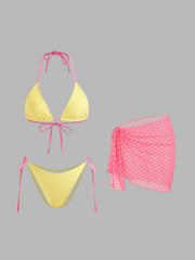 Halter Neckline Triangle Tie Side Bikini Set With Gingham Sarong