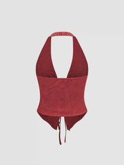 Halter V-neck Knotted Ruched Crop Top