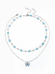 GEMSTONE & BUTTERFLY PENDANT LAYERED NECKLACE