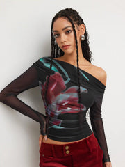 Asymmetrical Neck Floral Ruched Long Sleeve Top