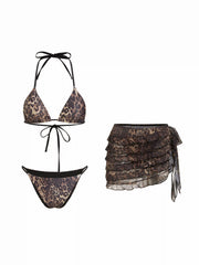V-neck Leopard Triangle Bikini Set With Asymmetrical Cut Out Cover Up Skirt