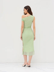 Mesh Asymmetrical Neck Floral Ruched Lettuce Trim Midi Dress