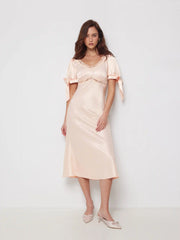 Satin V-neck Lace Trim Bowknot Lantern Sleeve Mermaid Maxi Dress
