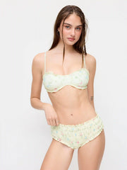 Floral Square Neck Bowknot Lettuce Trim Ruched Bikini Set