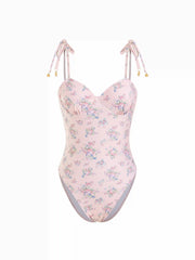 Floral Sweetheart High Stretch Ruched One-piece Swimsuit With Flower Metal Detail