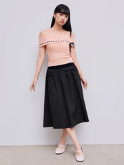 Mid Rise Bowknot Ruffle Solid Midi Skirt