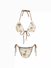 Floral Halter Neck Twisted Rope Tie Side Triangle Bikini Set