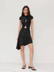 Mesh Stand Collar Sequin Flower See-through Tie Front Top