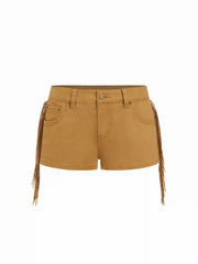 Stretch Washed Denim Low Rise Fringe Micro Shorts