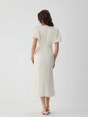 Satin V-neck Puff Sleeve Lace Panel Mid Rise Mermaid Maxi Dress