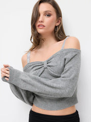 Knit Off-shoulder Lace Lantern Sleeve Bowknot Crop Sweater