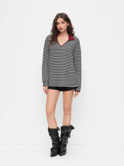 Cotton-blend Striped Sweetheart Neck Contrasting Binding Oversized Tee