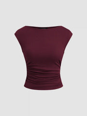 Boat Neck Solid Ruched Tank Top
