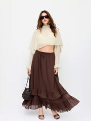 Chiffon Stand Collar Layered Ruffle Sleeve Sheer Crop Blouse