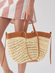 STRAW & FAUX LEATHER TOTE BAG