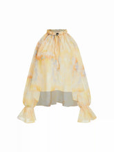 Chiffon Abstract Tie Dye V-Neck Ruffled Raglan Sleeve Oversized Blouse