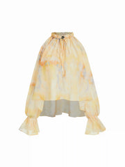 Chiffon Abstract Tie Dye V-Neck Ruffled Raglan Sleeve Oversized Blouse